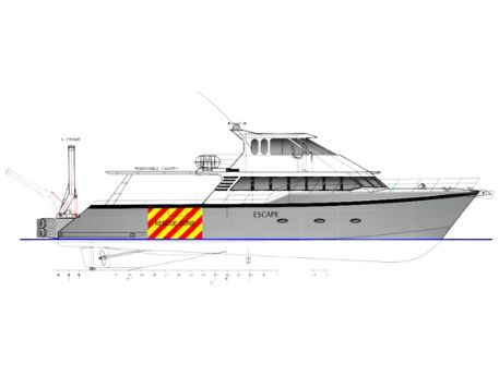 North Marine research charter vessel Escape. Exterior diagram. North Marine is a vessel charter company providing workboat hire from the Port of Cairns, Queensland, Australia.