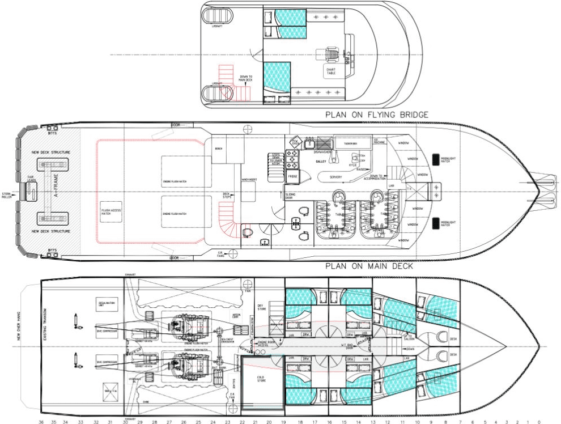 Research charter vessel Escape. Interior diagram. North Marine is a vessel charter company providing workboat hire from the Port of Cairns, Queensland, Australia.