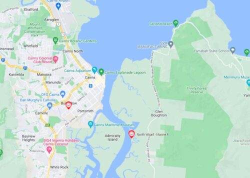 Screenshot map of North Marine's two locations in Cairns Queensland Australia - northmarine.com.au