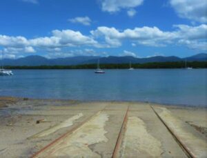 Roll-on-roll-off barge ramp for cargo loading at North Wharf, Trinity Inlet, Cairns Harbour, Australia